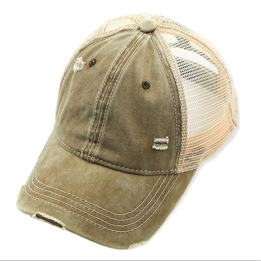 OLIVE DISTRESSED PONYTAIL HAT